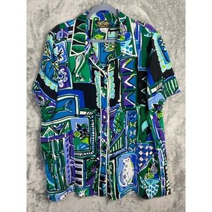 Bob Mackie Wearable Art Silk Shirt Size 1X Artsy Short Sleeve Blue Button Up Cat
